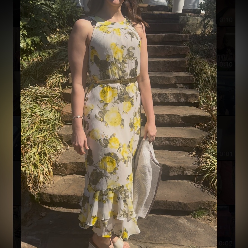 Calvin Klein Yellow Floral Tiered Ruffle Midi Dress Women Sleeveless High Neck